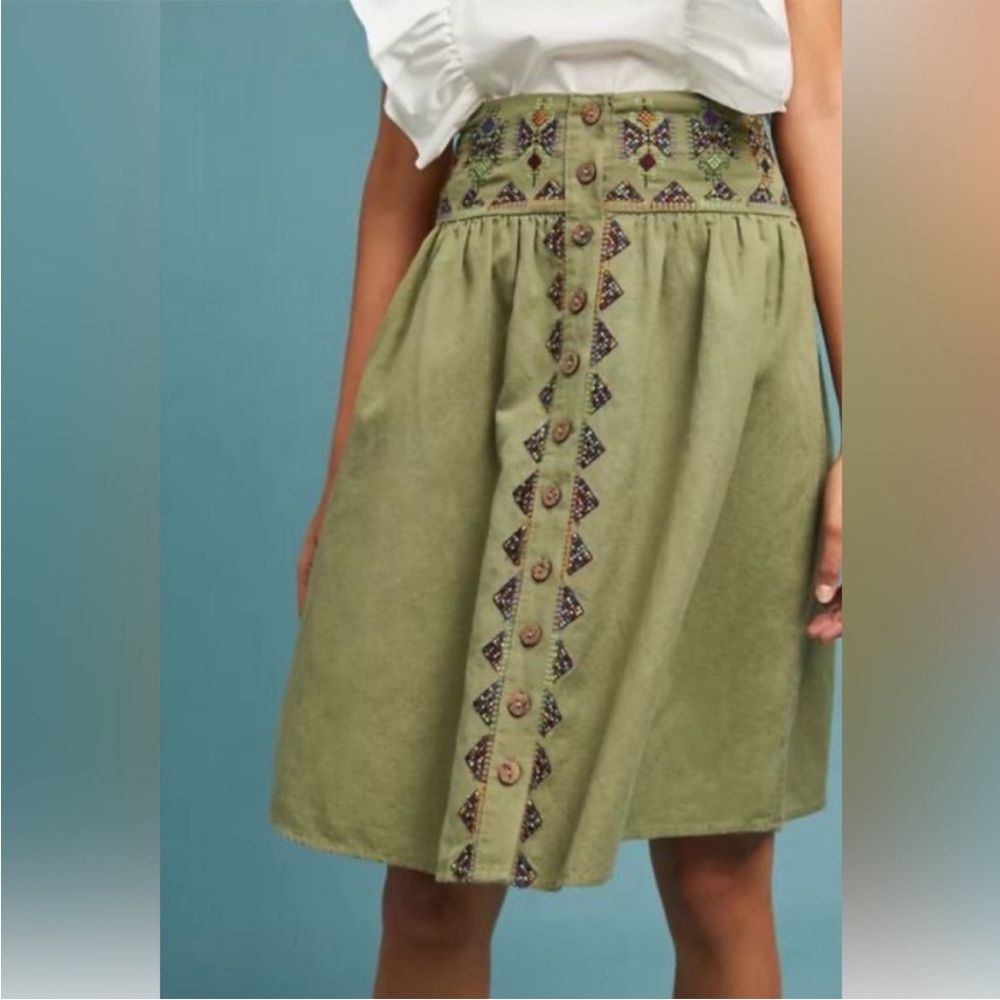 NWT Anthropologie Maeve Embroidered Green Knee Length Skirt Size 12